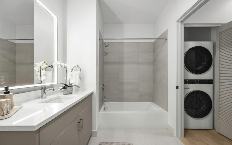 Modern bathrooms with sleek finishes and LED mirrors